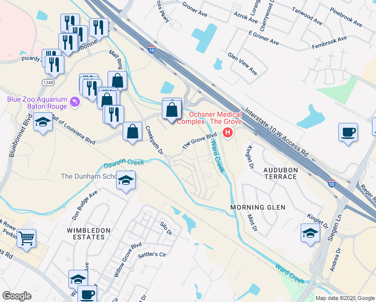 map of restaurants, bars, coffee shops, grocery stores, and more near 10222 The Grove Boulevard in Baton Rouge