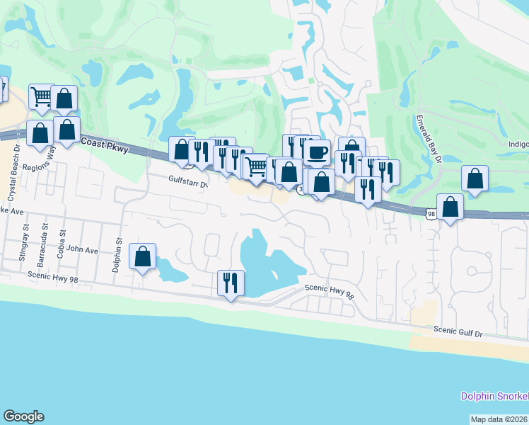 map of restaurants, bars, coffee shops, grocery stores, and more near 4715 Seastar Vista in Destin