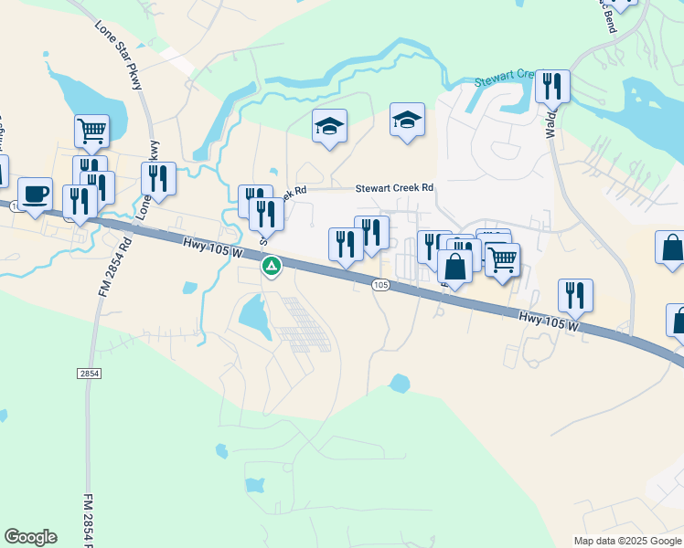 map of restaurants, bars, coffee shops, grocery stores, and more near 19800 Texas 105 in Montgomery