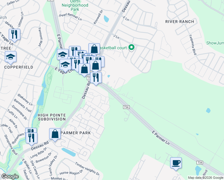 map of restaurants, bars, coffee shops, grocery stores, and more near 1800 East Parmer Lane in Austin