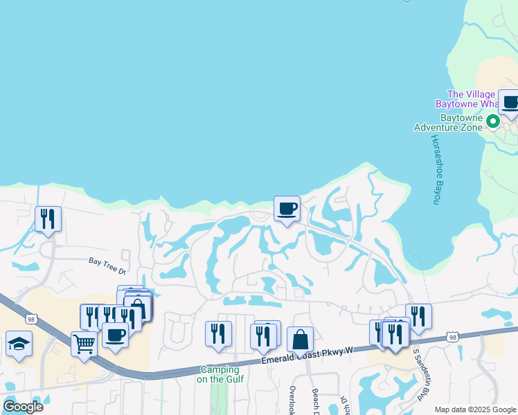 map of restaurants, bars, coffee shops, grocery stores, and more near 160 Sandestin Boulevard West in Miramar Beach