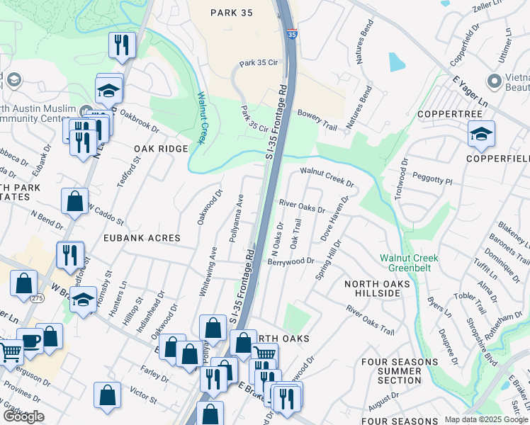 map of restaurants, bars, coffee shops, grocery stores, and more near Interstate 35 in Austin