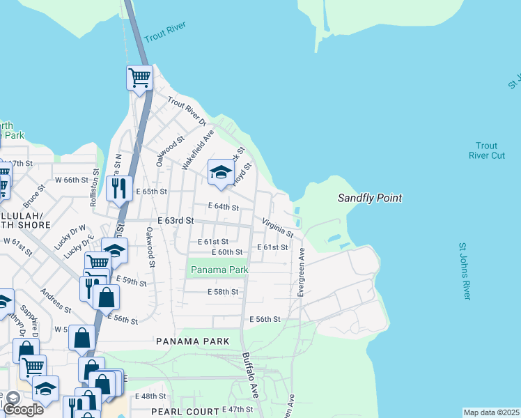 map of restaurants, bars, coffee shops, grocery stores, and more near 7347 Buffalo Ave in Jacksonville