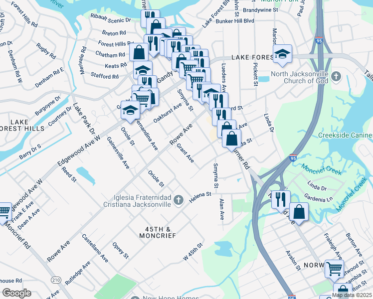 map of restaurants, bars, coffee shops, grocery stores, and more near 7429 Grant Avenue in Jacksonville