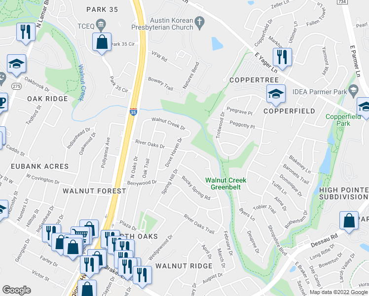 map of restaurants, bars, coffee shops, grocery stores, and more near 830 River Oaks Drive in Austin