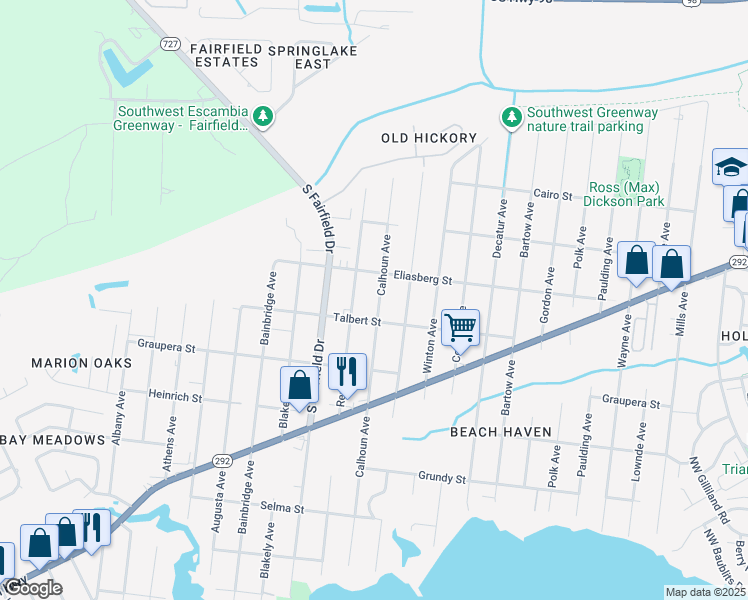 map of restaurants, bars, coffee shops, grocery stores, and more near 831 Calhoun Avenue in Pensacola