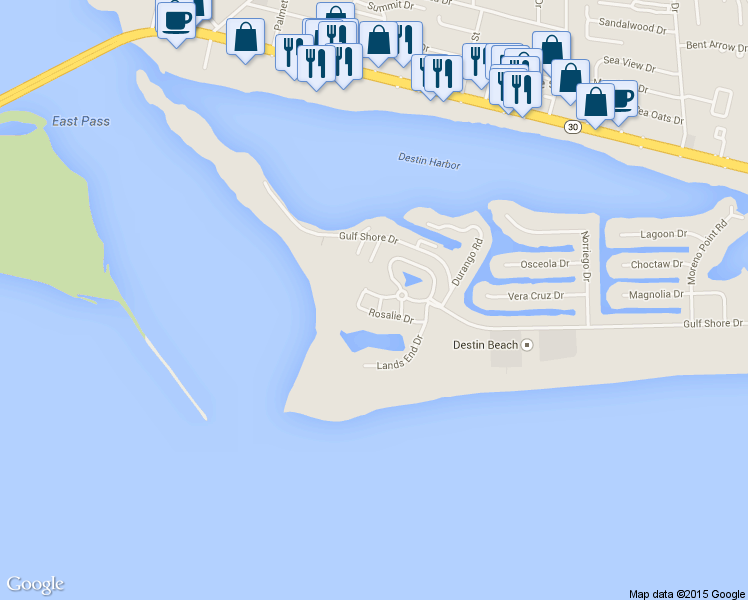 map of restaurants, bars, coffee shops, grocery stores, and more near 3584 Melrose Avenue in Destin