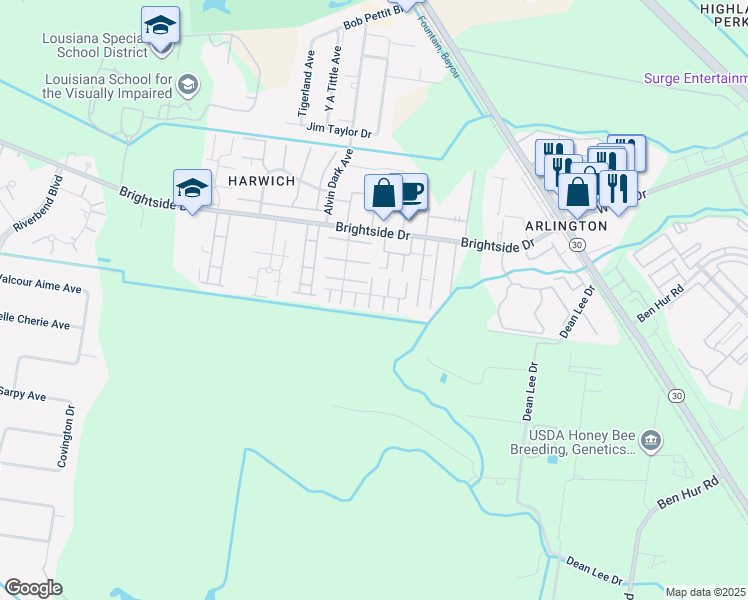 map of restaurants, bars, coffee shops, grocery stores, and more near 1943 South Brightside View Drive in Baton Rouge