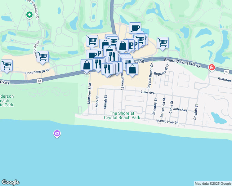map of restaurants, bars, coffee shops, grocery stores, and more near 103 Woodward Street in Destin
