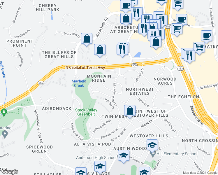 map of restaurants, bars, coffee shops, grocery stores, and more near 8834 Mountain Path Circle in Austin