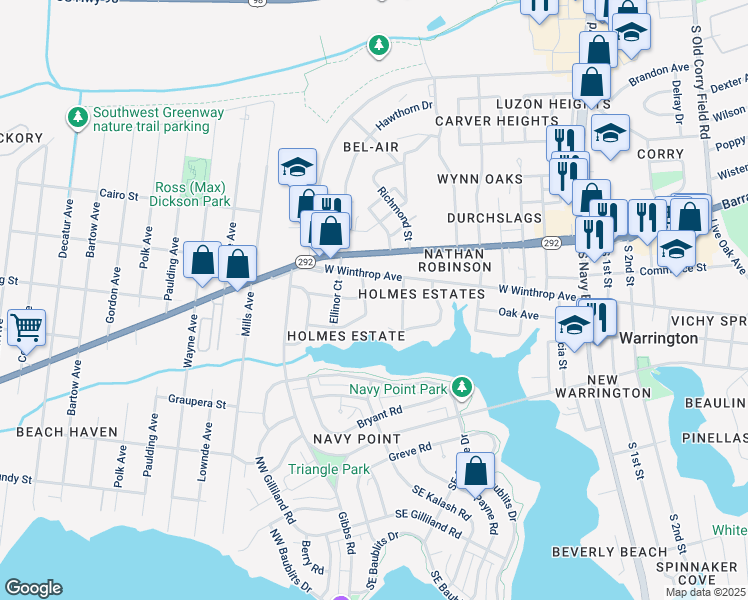 map of restaurants, bars, coffee shops, grocery stores, and more near 5 Manor Drive in Pensacola