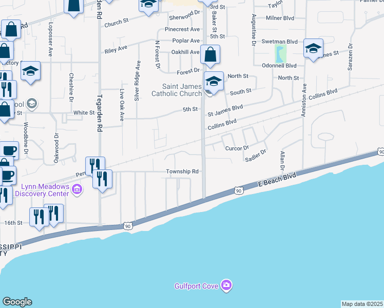 map of restaurants, bars, coffee shops, grocery stores, and more near 1291 Century Oaks Drive in Gulfport