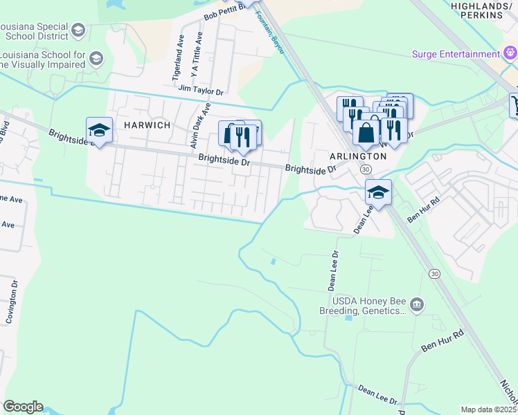 map of restaurants, bars, coffee shops, grocery stores, and more near 1645 Brightside Drive in Baton Rouge