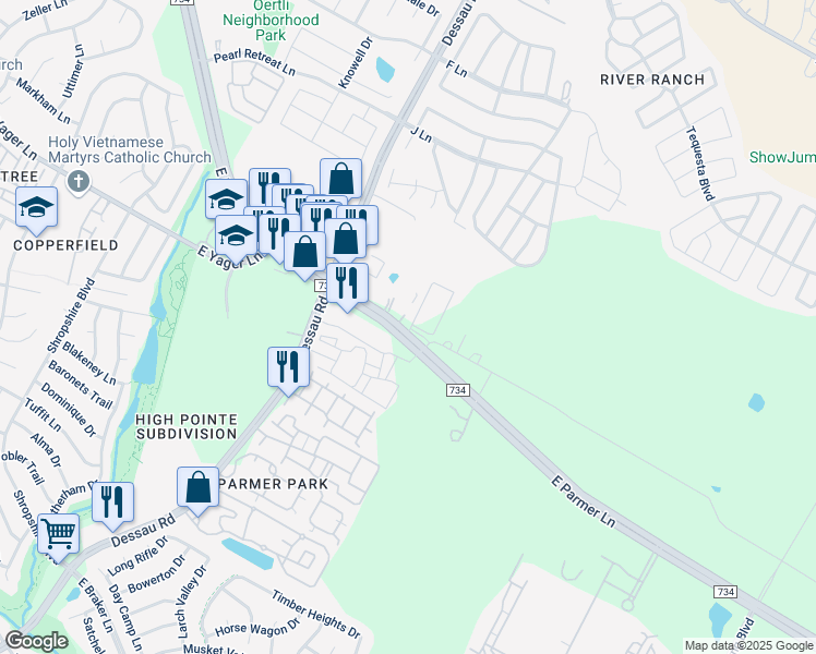 map of restaurants, bars, coffee shops, grocery stores, and more near 1800 East Parmer Lane in Austin