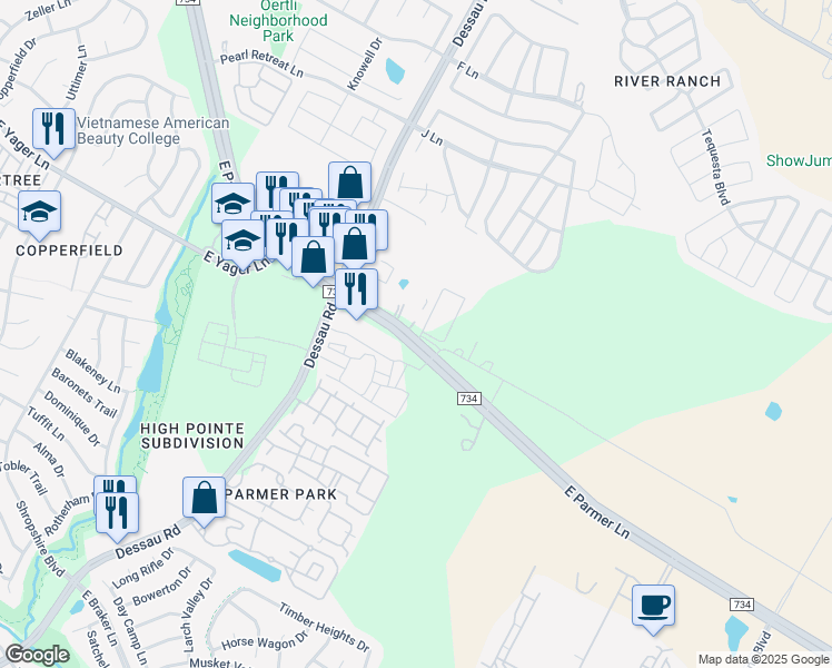 map of restaurants, bars, coffee shops, grocery stores, and more near 1800 East Parmer Lane in Austin
