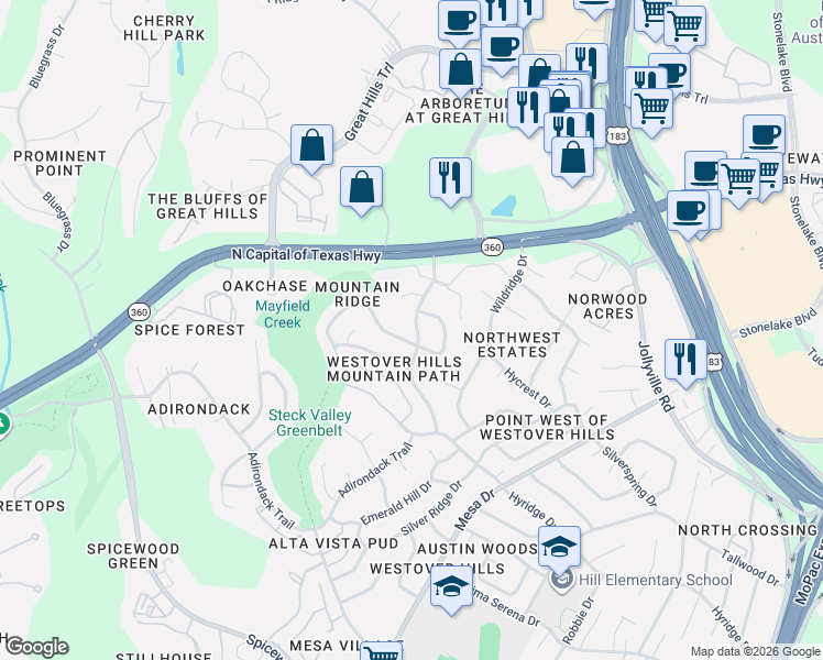 map of restaurants, bars, coffee shops, grocery stores, and more near 8834 Mountain Path Circle in Austin