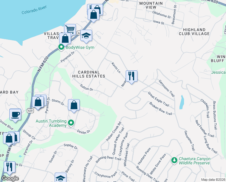 map of restaurants, bars, coffee shops, grocery stores, and more near 2705 Reynolds Court in Austin