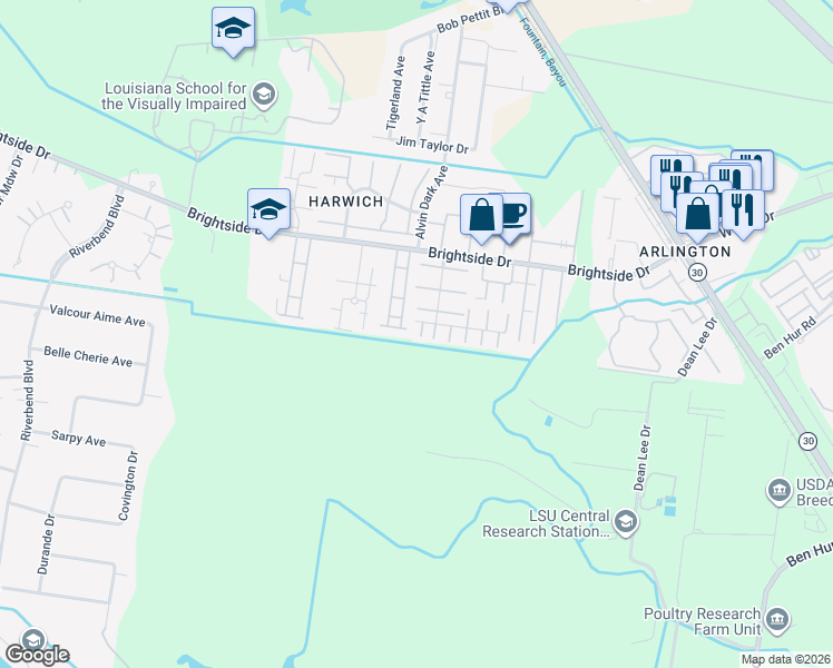 map of restaurants, bars, coffee shops, grocery stores, and more near 2041 South Brightside View Drive in Baton Rouge