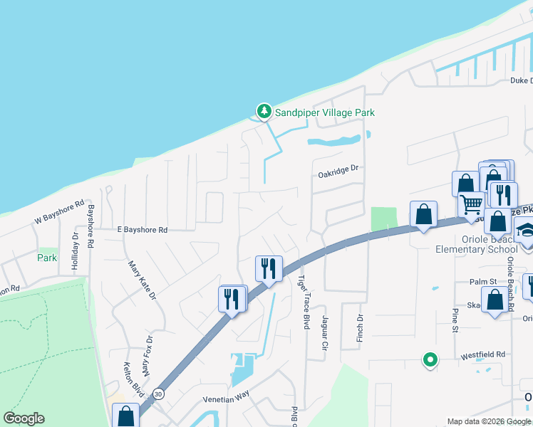map of restaurants, bars, coffee shops, grocery stores, and more near 2718 Summertree Lane in Gulf Breeze