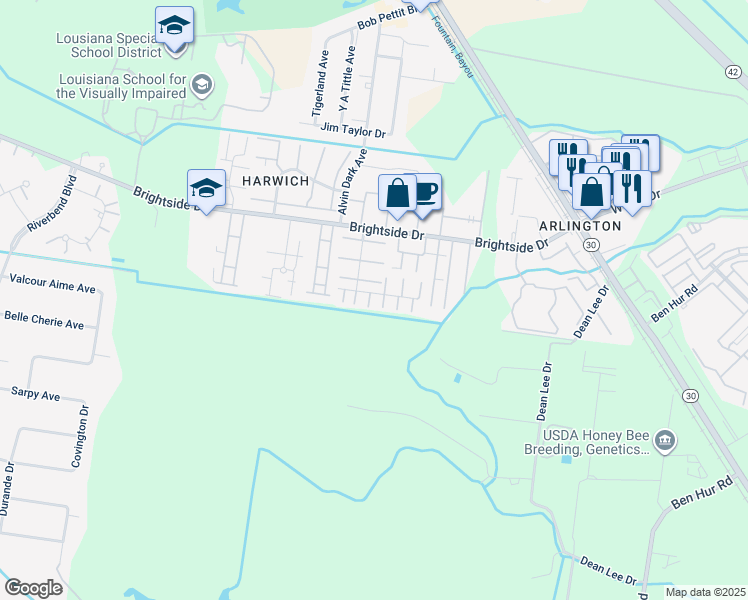 map of restaurants, bars, coffee shops, grocery stores, and more near 1943 South Brightside View Drive in Baton Rouge