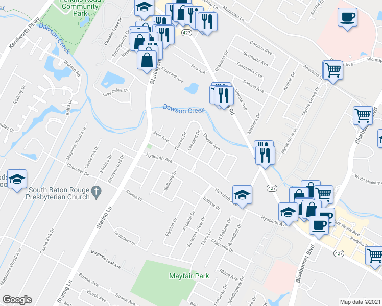 map of restaurants, bars, coffee shops, grocery stores, and more near 9219 Avis Avenue in Baton Rouge