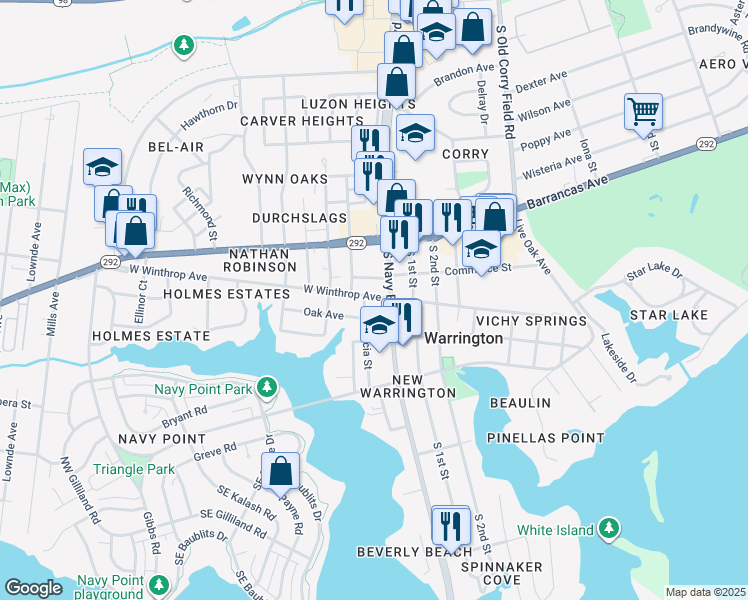 map of restaurants, bars, coffee shops, grocery stores, and more near 11 West Winthrop Avenue in Pensacola