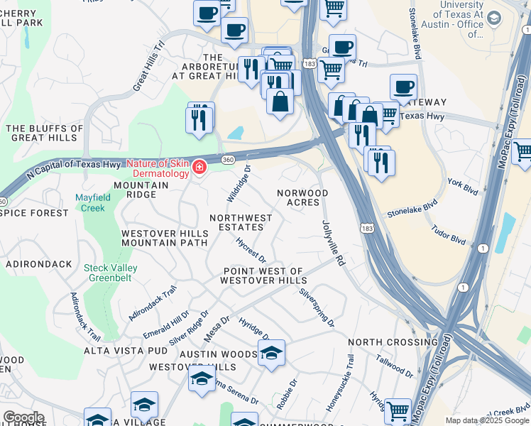 map of restaurants, bars, coffee shops, grocery stores, and more near 9006 Rockcrest Drive in Austin