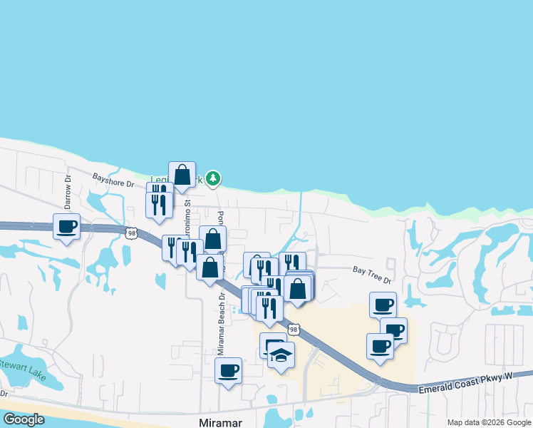 map of restaurants, bars, coffee shops, grocery stores, and more near 234 Crest Drive in Miramar Beach
