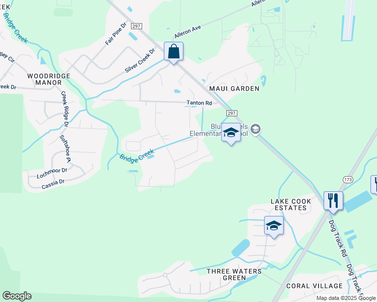 map of restaurants, bars, coffee shops, grocery stores, and more near 10418 Cedar Creek Drive in Pensacola