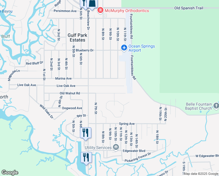 map of restaurants, bars, coffee shops, grocery stores, and more near 8813 Live Oak Avenue in Ocean Springs