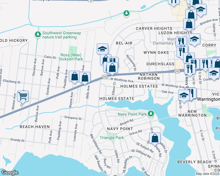map of restaurants, bars, coffee shops, grocery stores, and more near 4 Ellis Drive in Pensacola