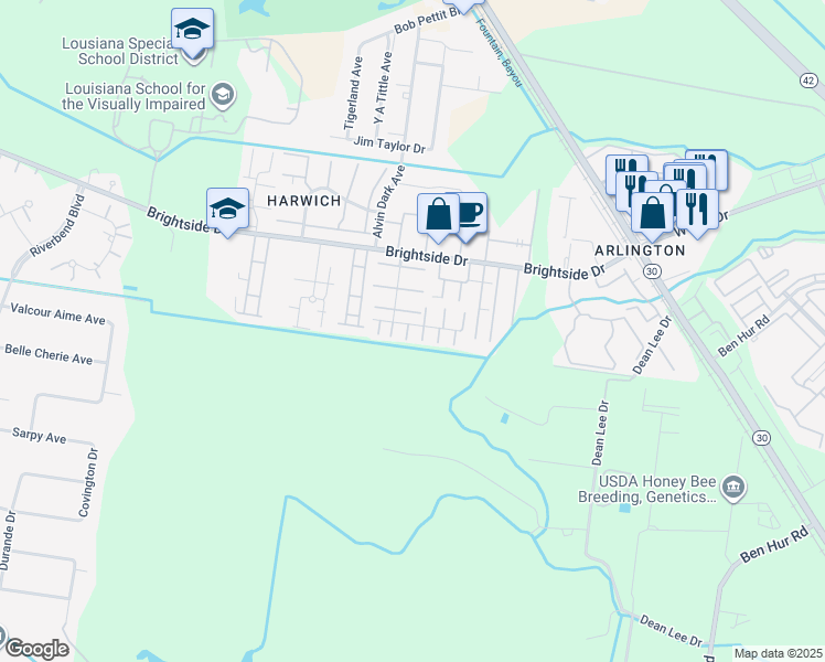 map of restaurants, bars, coffee shops, grocery stores, and more near 1943 South Brightside View Drive in Baton Rouge