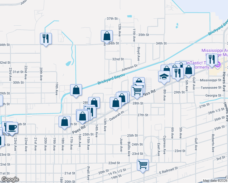 map of restaurants, bars, coffee shops, grocery stores, and more near 1250 29th Street in Gulfport