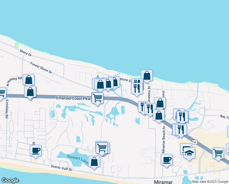 map of restaurants, bars, coffee shops, grocery stores, and more near 11610 Emerald Coast Parkway in Miramar Beach