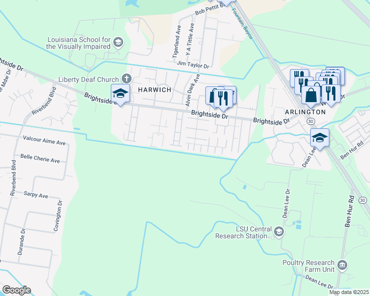 map of restaurants, bars, coffee shops, grocery stores, and more near 2041 South Brightside View Drive in Baton Rouge
