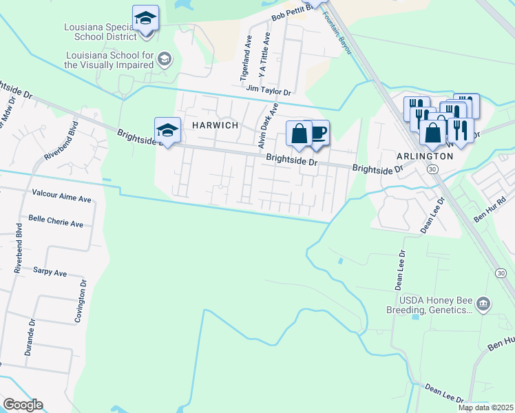 map of restaurants, bars, coffee shops, grocery stores, and more near 2041 South Brightside View Drive in Baton Rouge