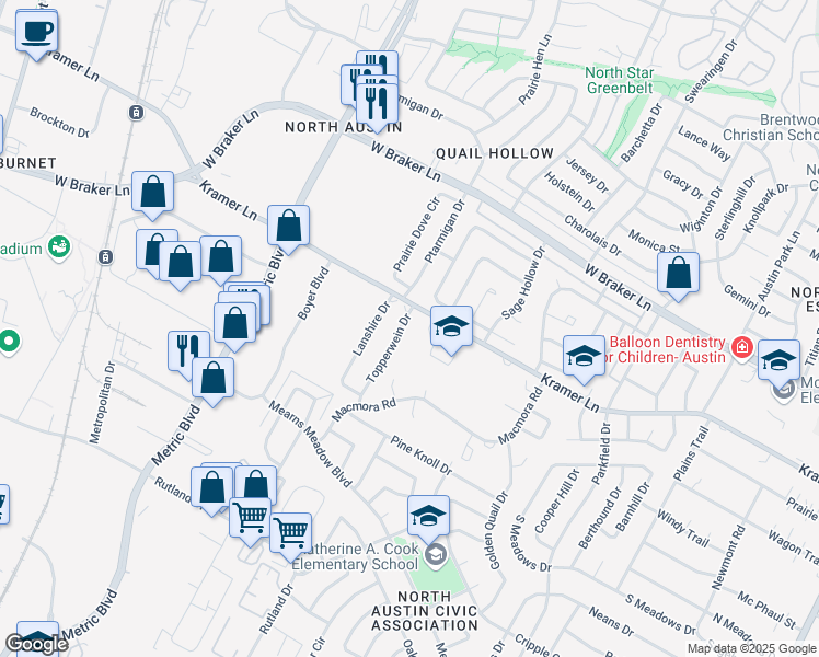 map of restaurants, bars, coffee shops, grocery stores, and more near 10807 Topperwein Drive in Austin