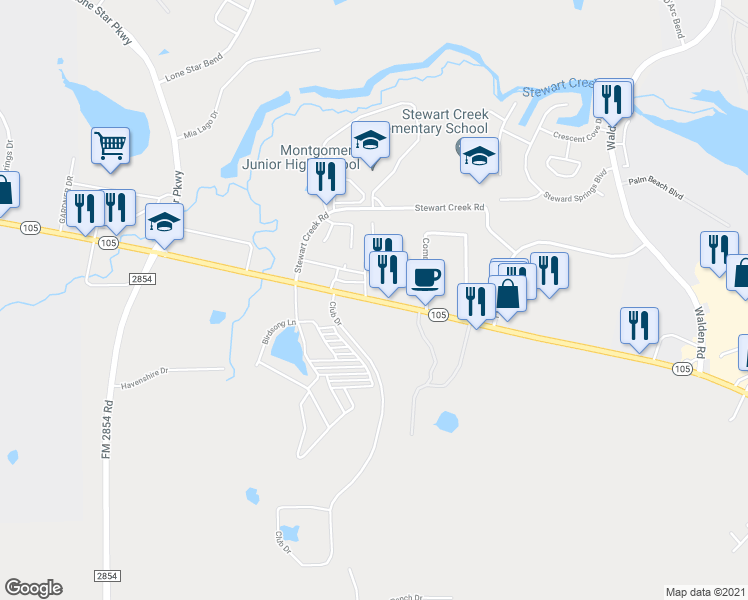 map of restaurants, bars, coffee shops, grocery stores, and more near 19812 Texas 105 in Montgomery