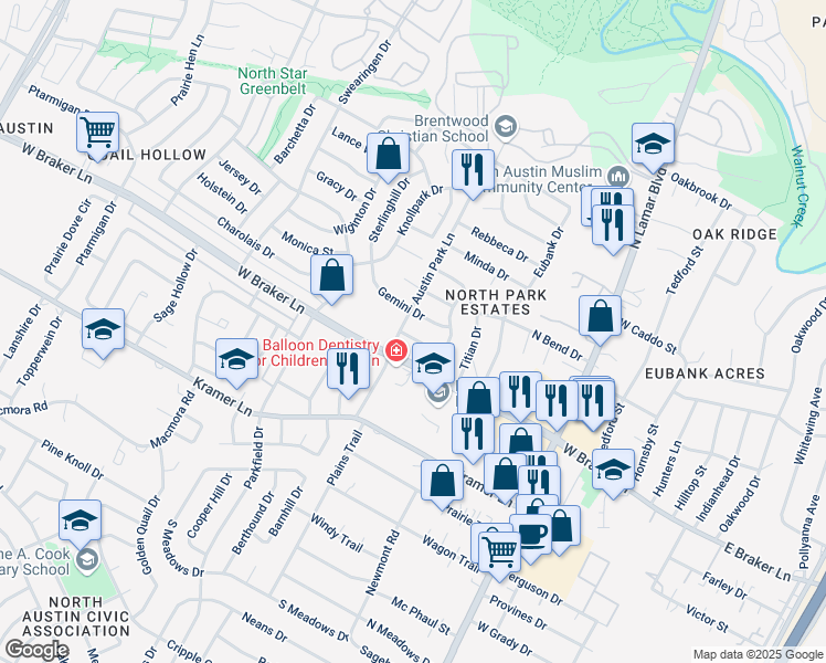 map of restaurants, bars, coffee shops, grocery stores, and more near 1106 Apollo Drive in Austin