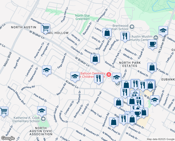 map of restaurants, bars, coffee shops, grocery stores, and more near 11208 Parkfield Drive in Austin