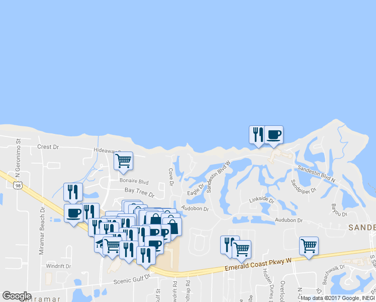 map of restaurants, bars, coffee shops, grocery stores, and more near 33 Vantage Point in Miramar Beach