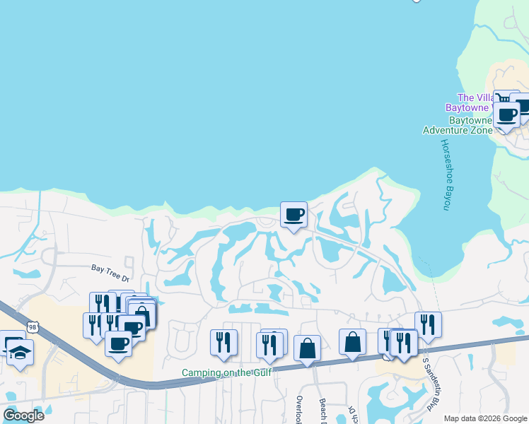 map of restaurants, bars, coffee shops, grocery stores, and more near 160 Sandestin Boulevard West in Miramar Beach