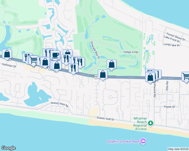 map of restaurants, bars, coffee shops, grocery stores, and more near 13536 Emerald Coast Parkway West in Destin