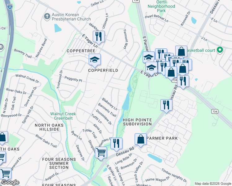 map of restaurants, bars, coffee shops, grocery stores, and more near 12119 Sunderland Drive in Austin
