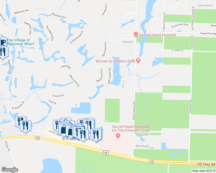 map of restaurants, bars, coffee shops, grocery stores, and more near 2105 Hideaway Cove in Miramar Beach