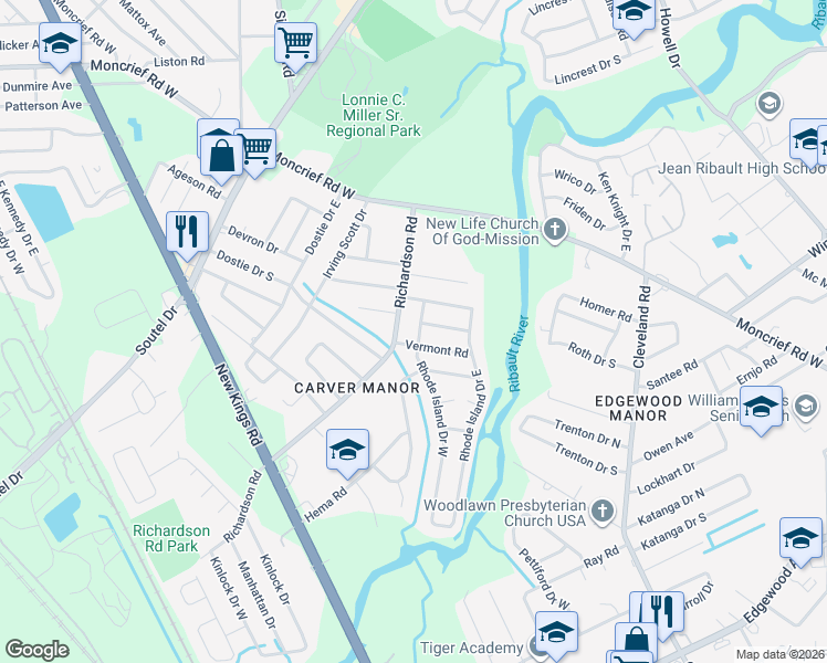 map of restaurants, bars, coffee shops, grocery stores, and more near 7214 Rhode Island Drive West in Jacksonville