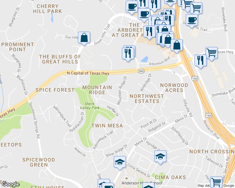 map of restaurants, bars, coffee shops, grocery stores, and more near 8834 Mountain Path Circle in Austin