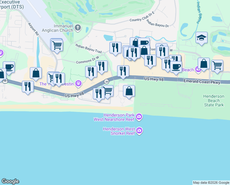 map of restaurants, bars, coffee shops, grocery stores, and more near 15300 Emerald Coast Parkway in Destin