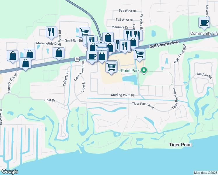 map of restaurants, bars, coffee shops, grocery stores, and more near 3763 Boardwalk Court in Gulf Breeze