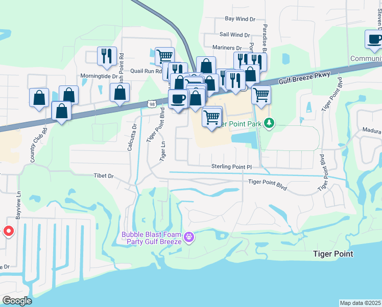 map of restaurants, bars, coffee shops, grocery stores, and more near 1334 Sterling Point Place in Gulf Breeze